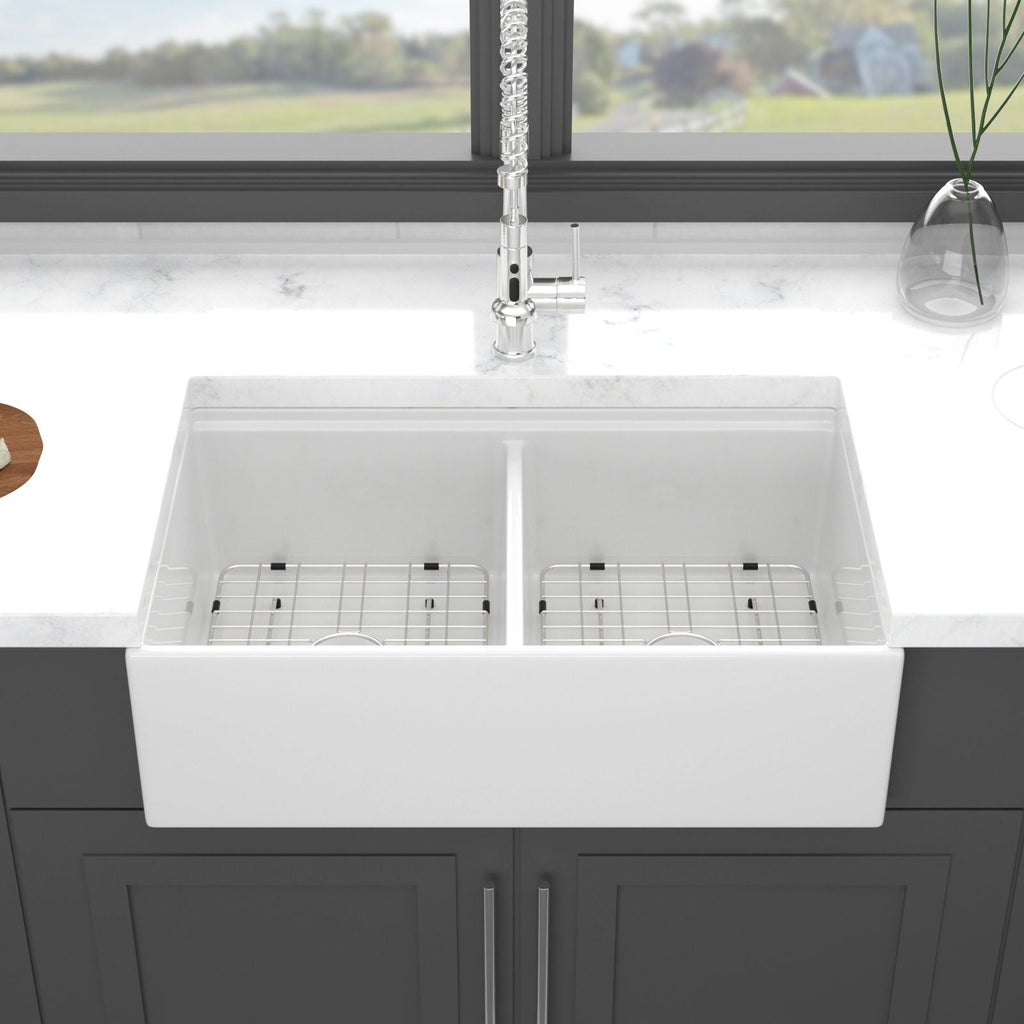 Farmhouse Sink Workstation 33" Ceramic Double Bowl with Ledges - White