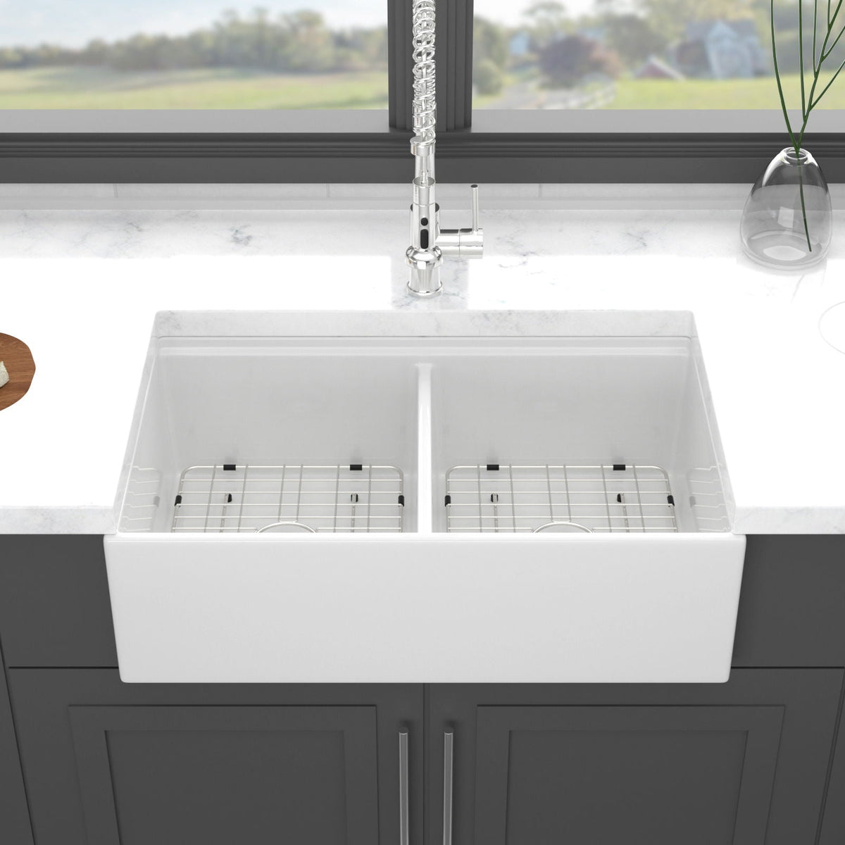 Farmhouse Sink Workstation 33" Ceramic Double Bowl with Ledges - White