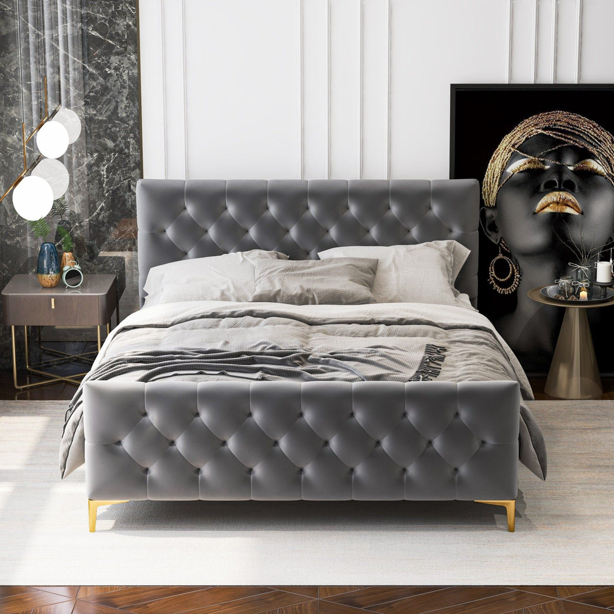 Elegant Design Upholstered Bed with Solid Wood Frame - Dark Gray