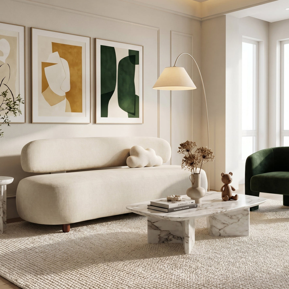 Modern Curved Upholstered Chenille Sofa with Wood Frame - Beige or Nomad