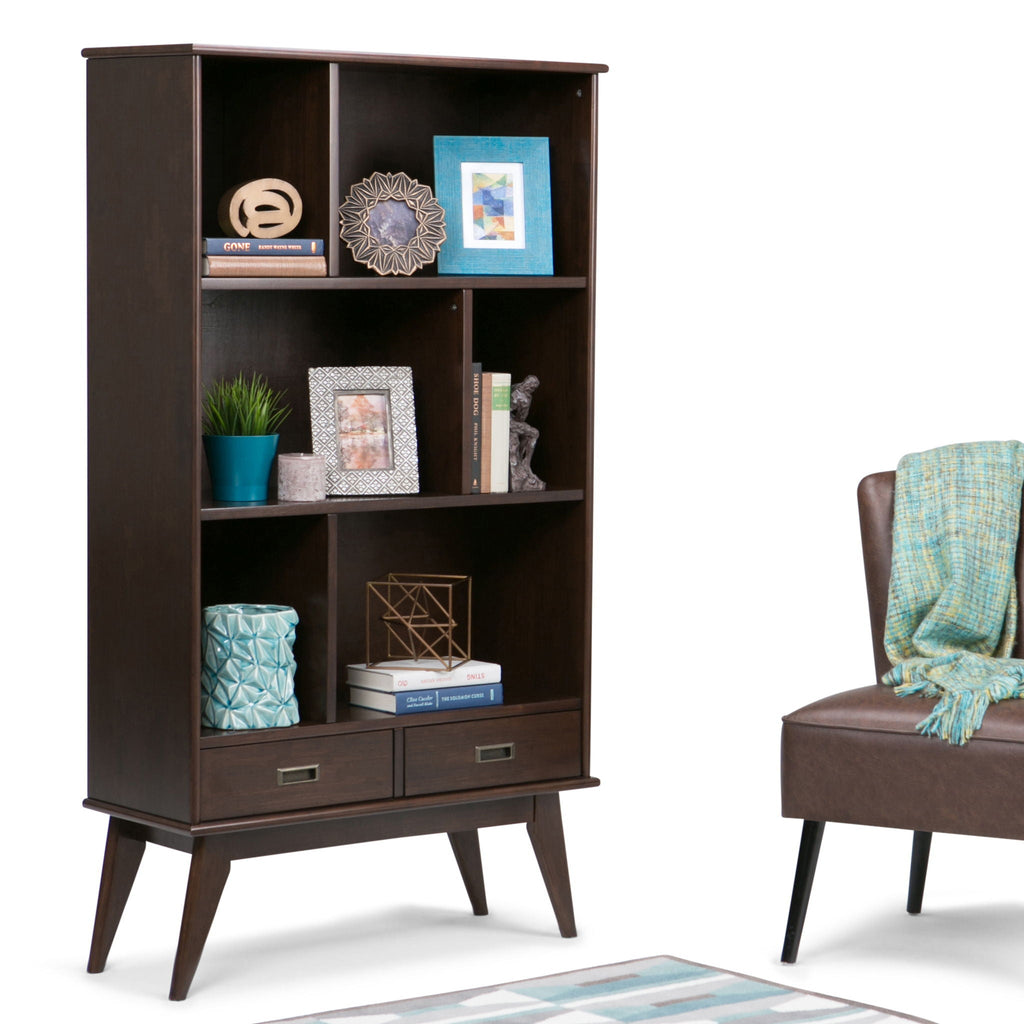 Mid Century Wide Bookcase with Storage Drawers - Multiple Colors