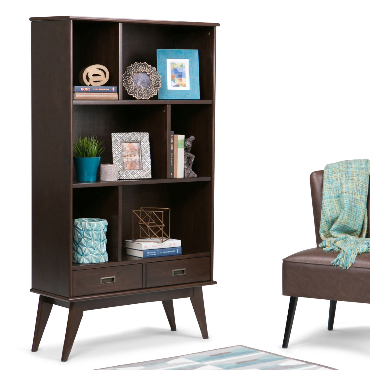 Mid Century Wide Bookcase with Storage Drawers - Multiple Colors