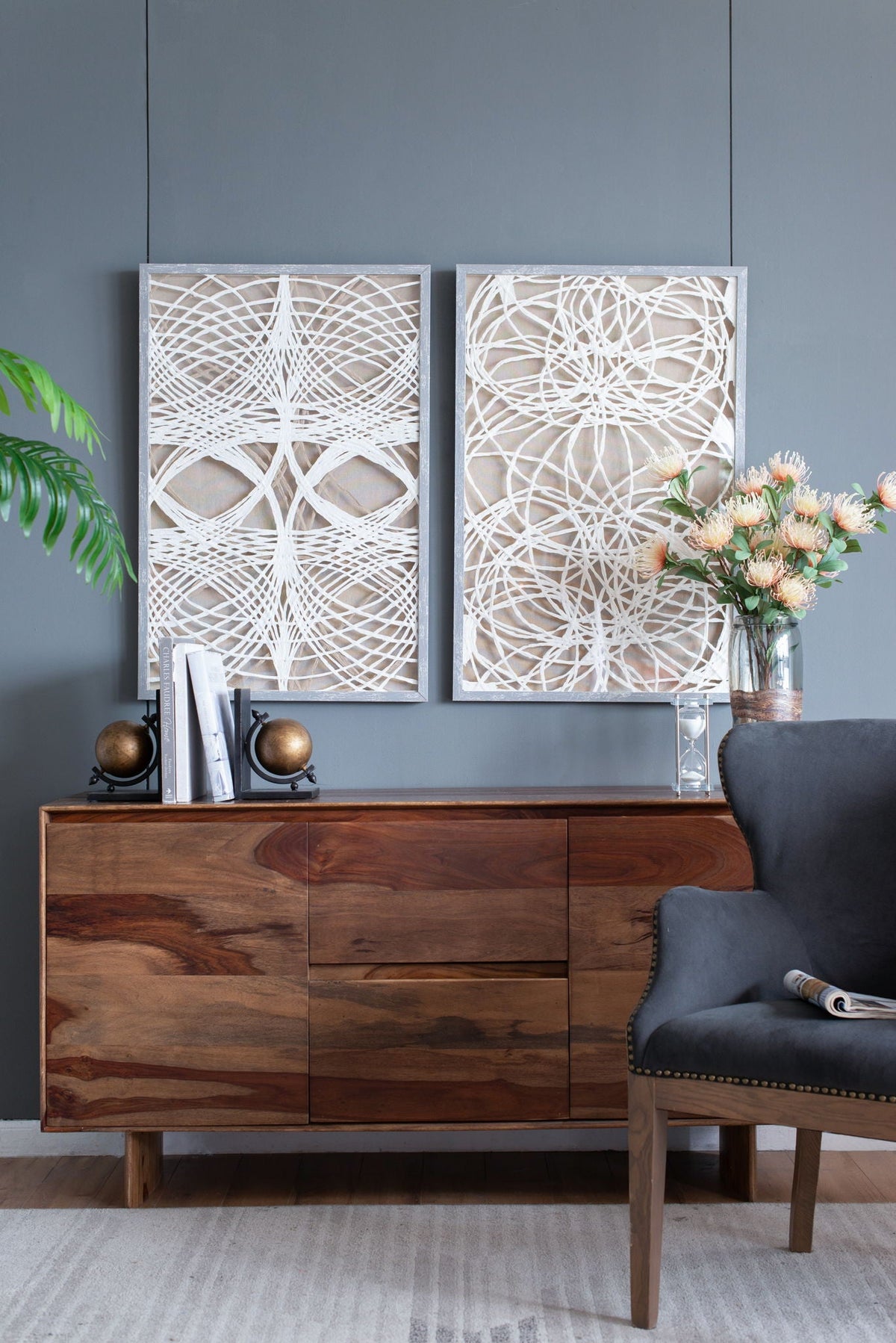 Leaf Shadow Box Wall Decor Set with Intricate Paper Design - White / Gray