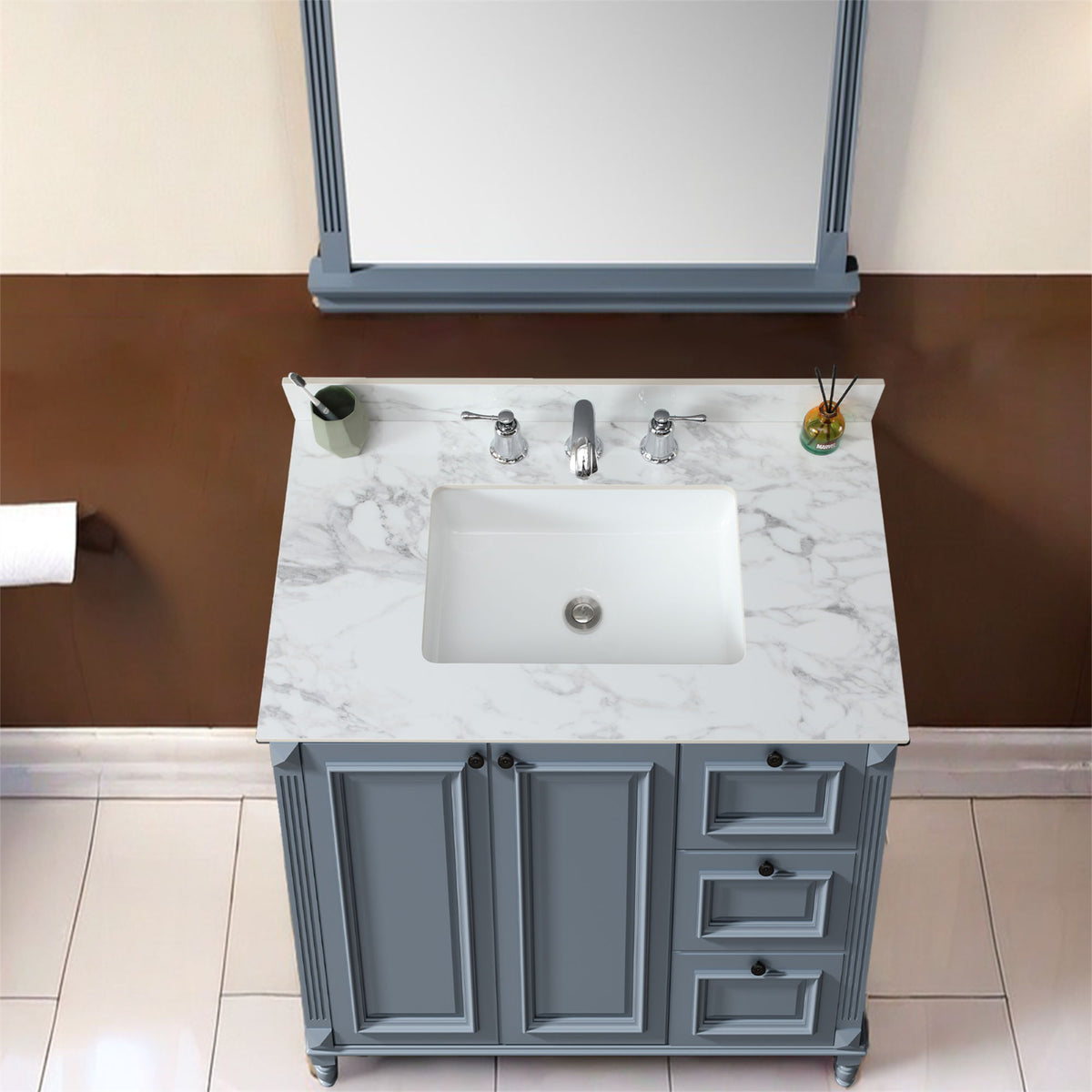 Elegant Sintered Stone Bathroom Vanity Top with Rectangular Undermount Ceramic Sink - White
