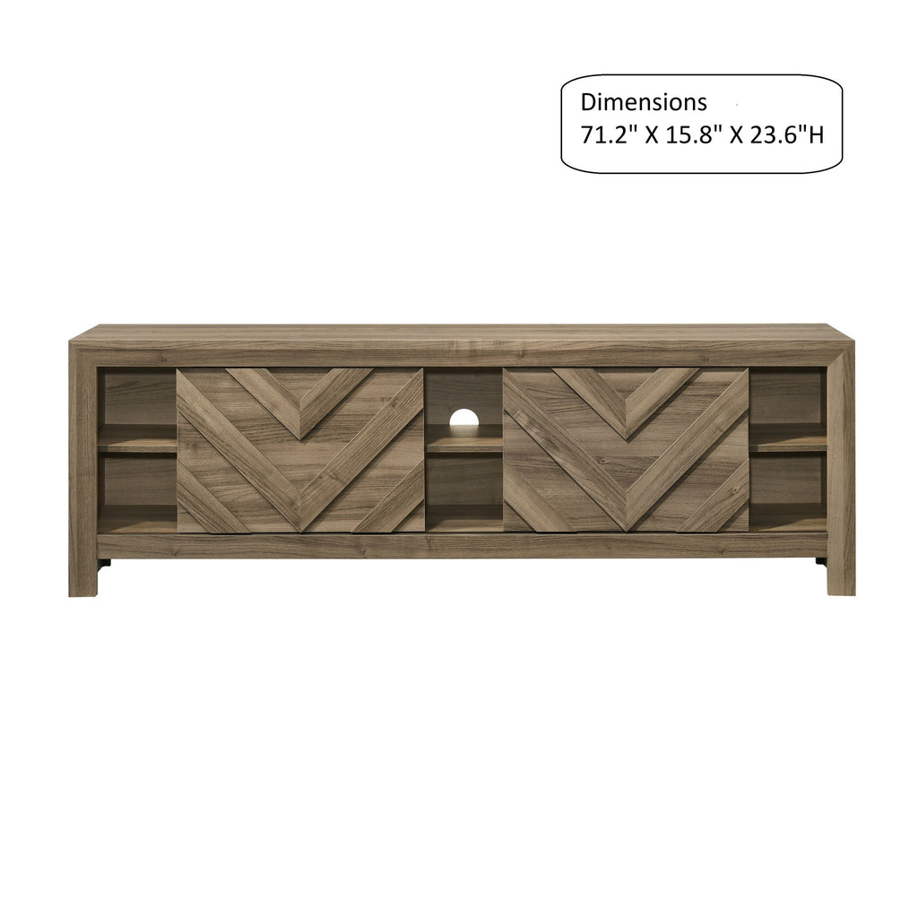 Chevron Patterned Living Room TV Stand with Sliding Doors - Light Brown