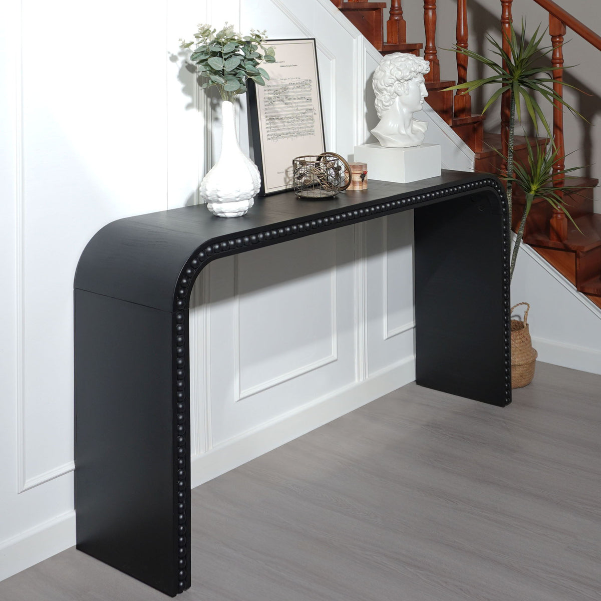 Waterfall Console Table with Seamless Curved Design - Light Brown, White, Black