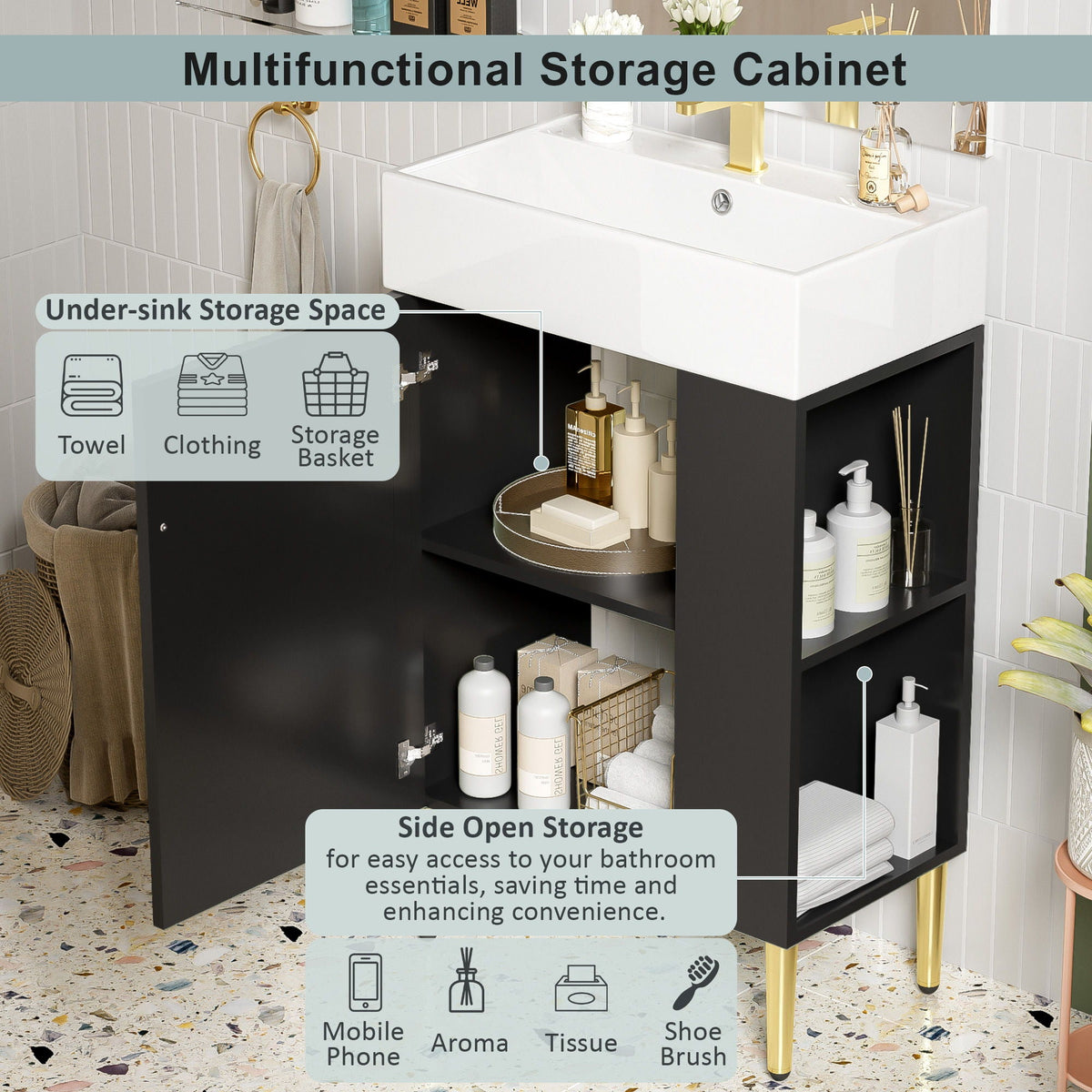 Bathroom Vanity with Single Ceramic Sink and Side Storage - Multiple Colors