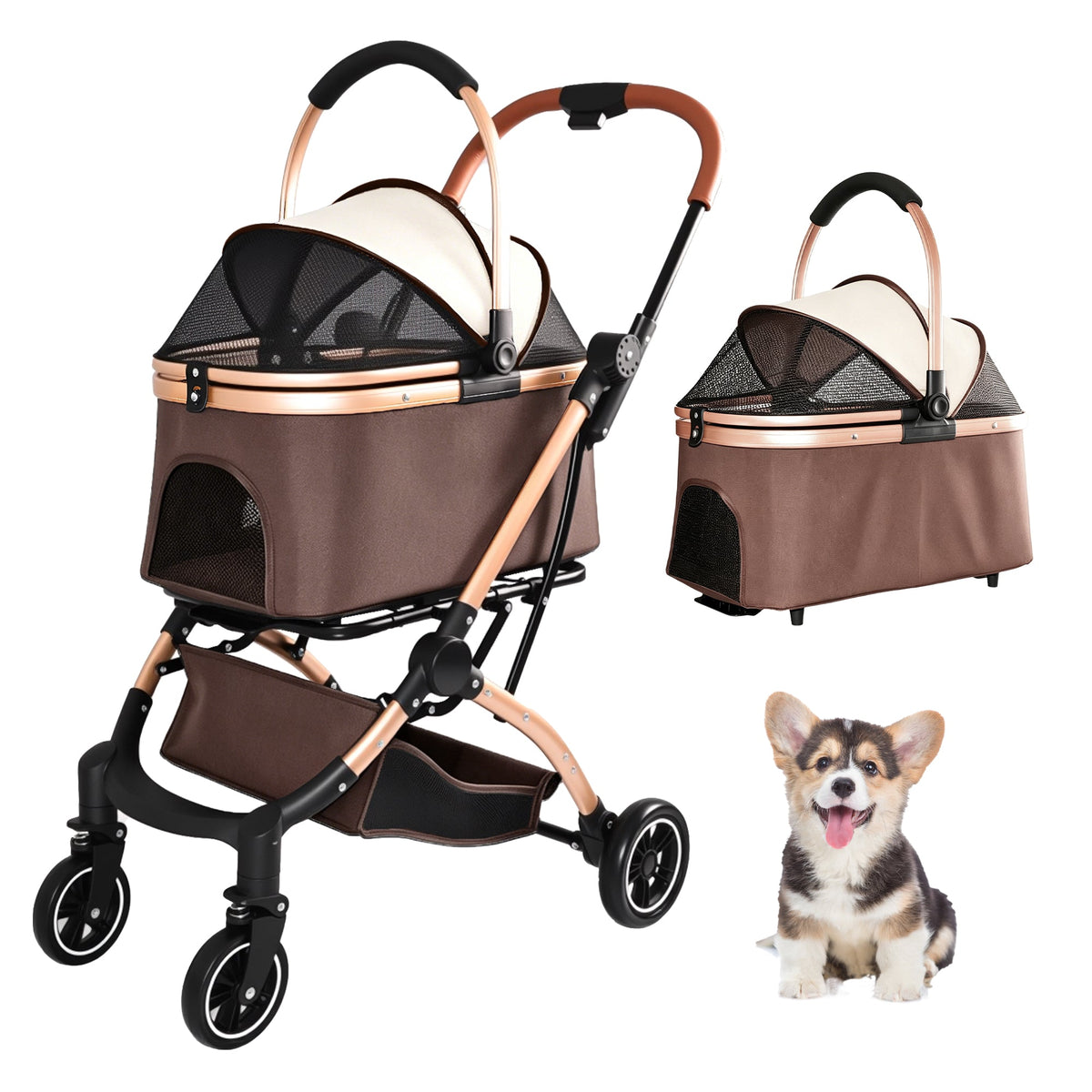 2-in-1 Foldable Pet Stroller with Sun Canopy - Khaki & Gold