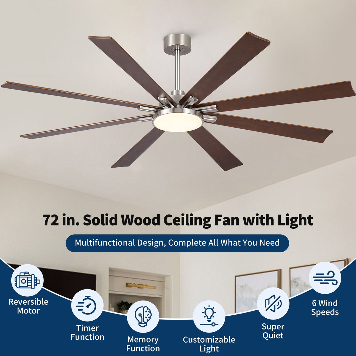 Large Ceiling Fan with Dimmable LED Light and Remote Control - Black or Dark Brown