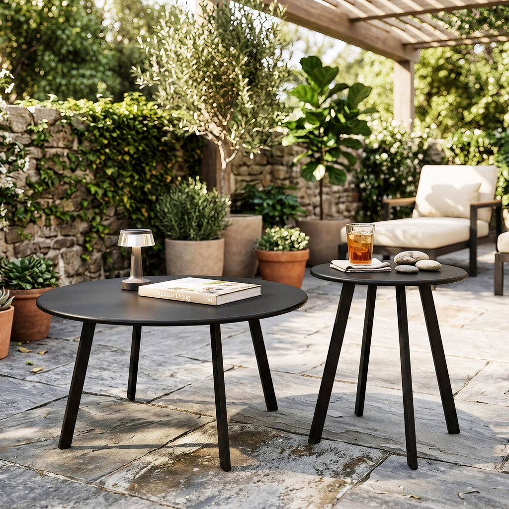 Modern 2-Piece Round Nesting Coffee Table Set with Weather-Resistant Iron - Black