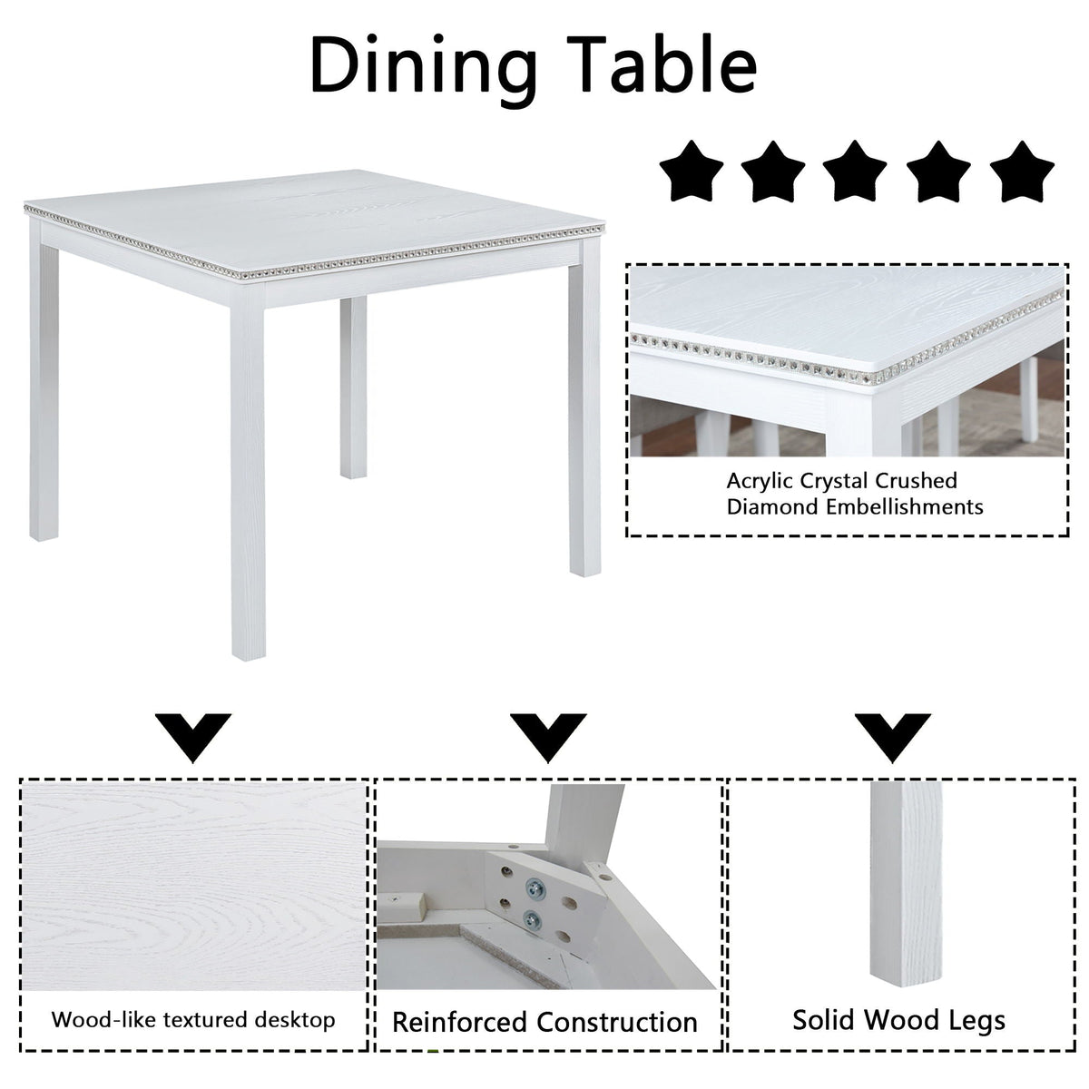Dining Table Set with Crystal Decoration and Upholstered Chairs - Gray or White