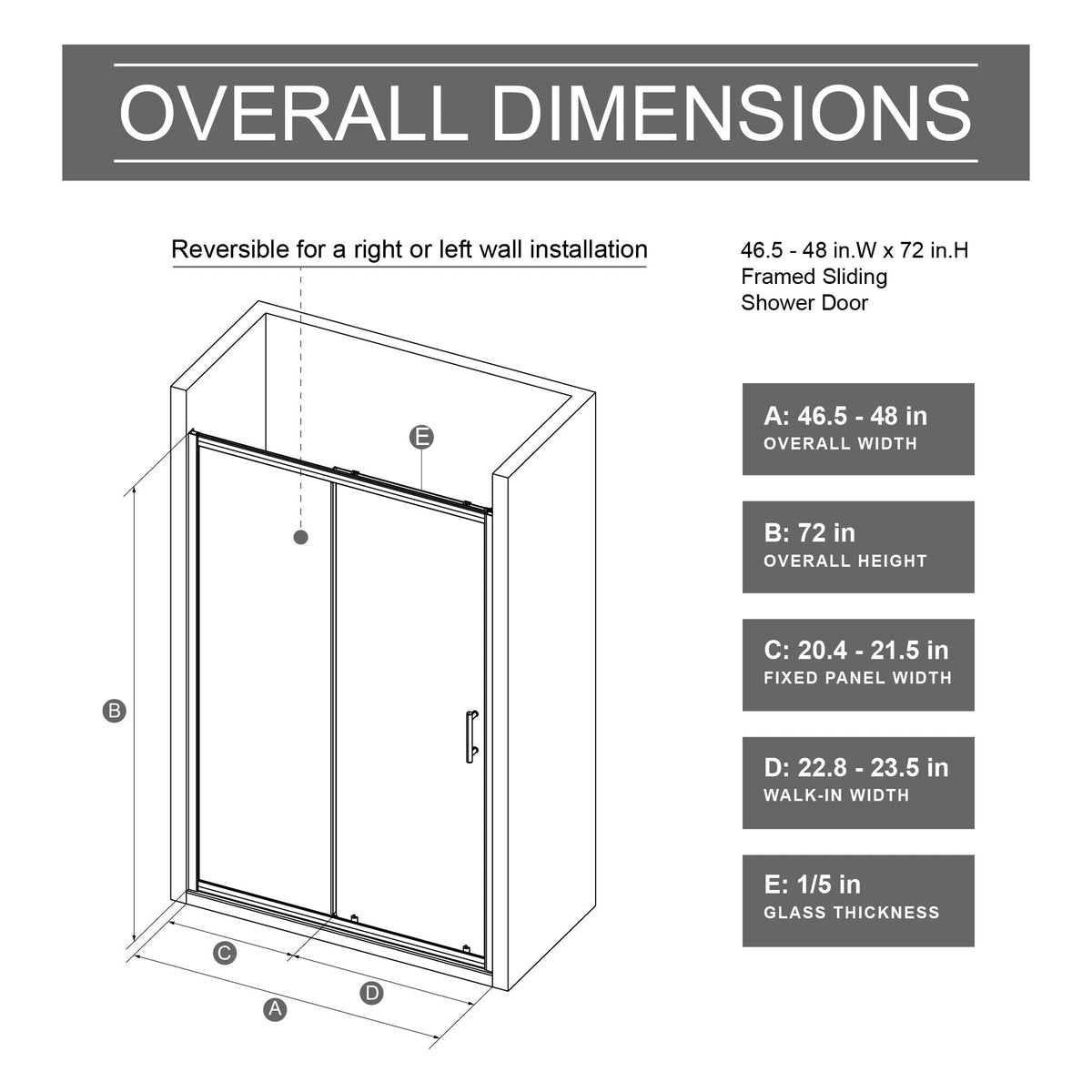 Single Sliding Shower Door with Handle - Chrome, Tempered Glass