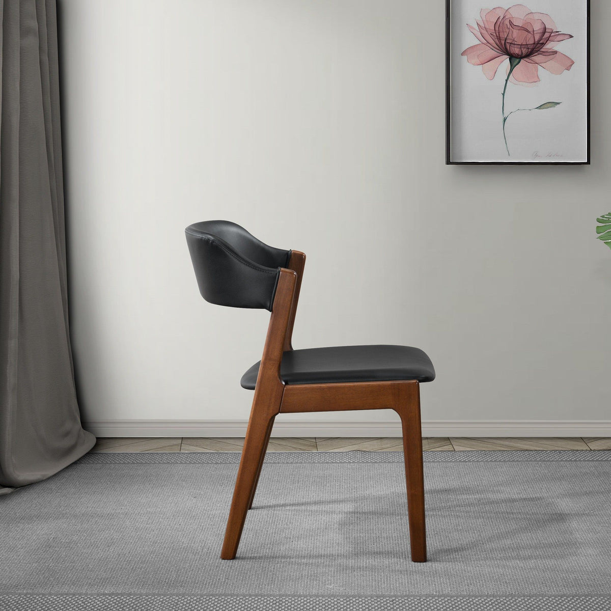 Enzo Dining Chair Set of 2 with Black Vegan Leather - Black / Brown