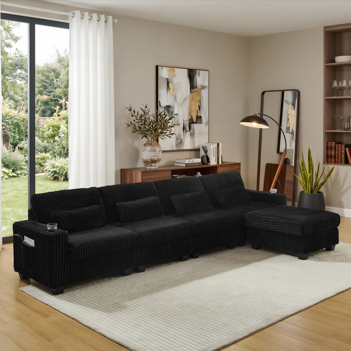 L-Shaped Corduroy Modular Sectional Sofa with Detachable Footrest - Black