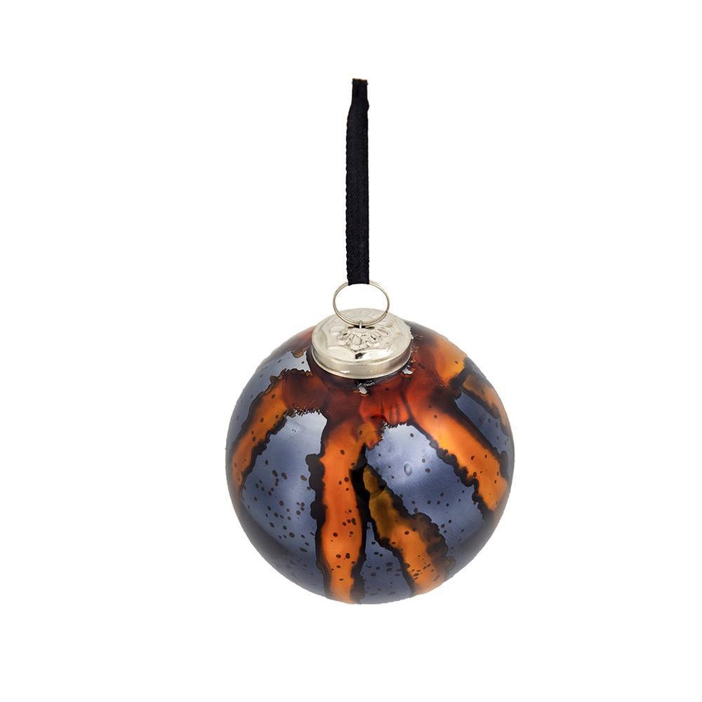 Blue Glass Christmas Ball Ornaments Set of 6 with Brass Accents
