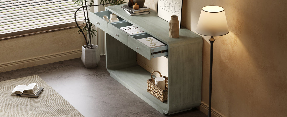Antique-Style Console Table with 3 Storage Drawers - Blue, Natural, Beige