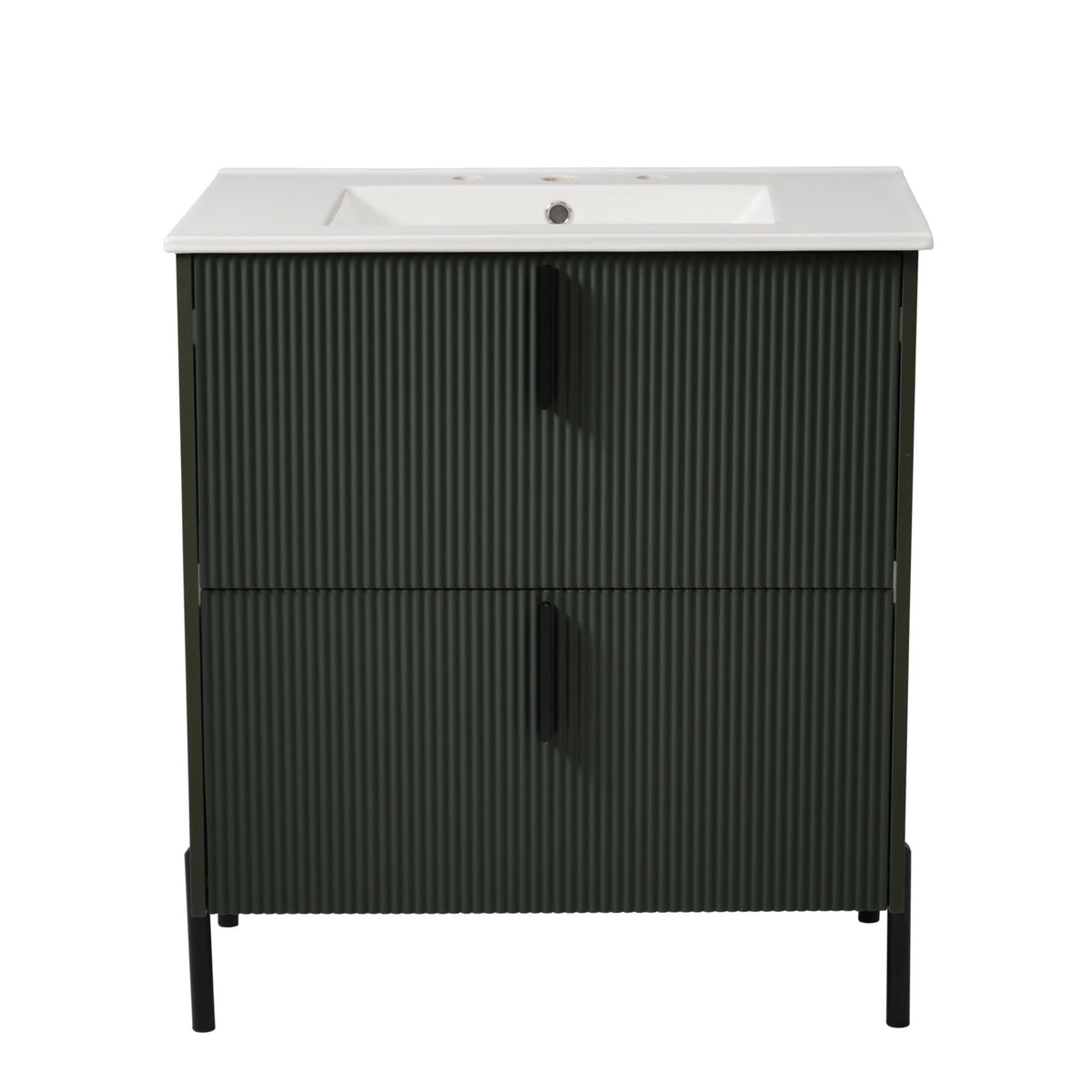 Bathroom Vanity With Ceramic Sink and Fluted Design - Dark Green, White, Light Brown