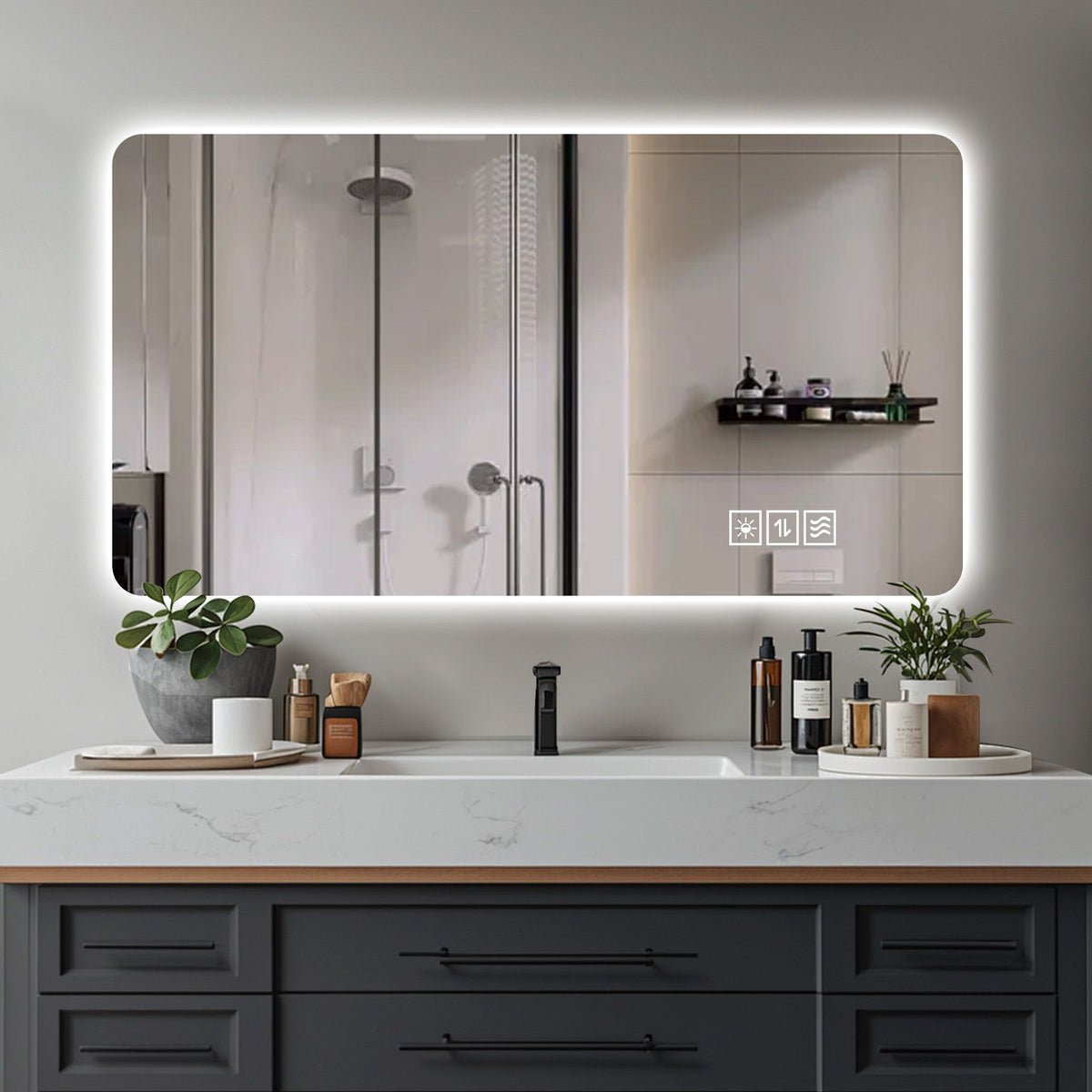 Wall Mounted LED Lighting Mirror with 3-Color Dimmable Light - Silver