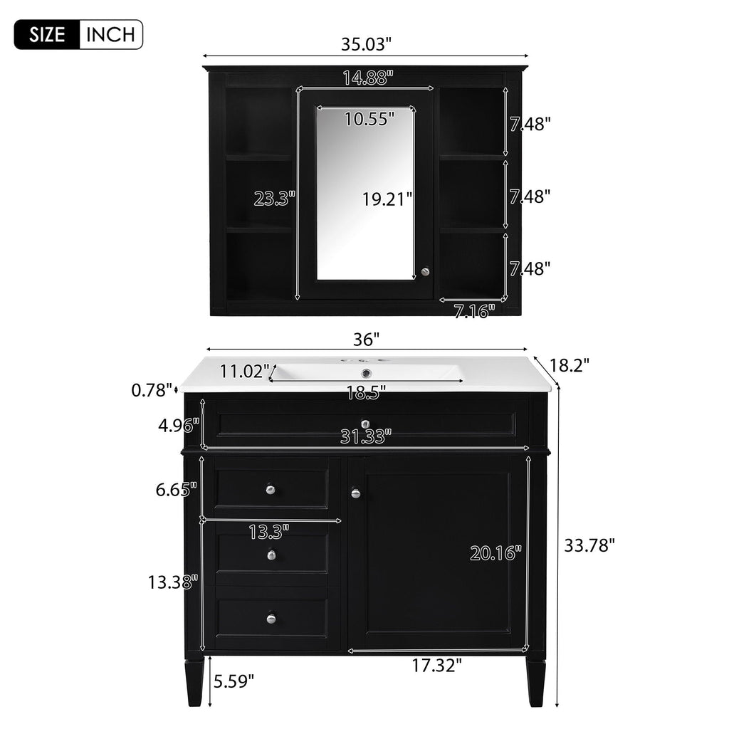 Bathroom Vanity With Mirror Cabinet and Single Sink - Soft-Closing Doors