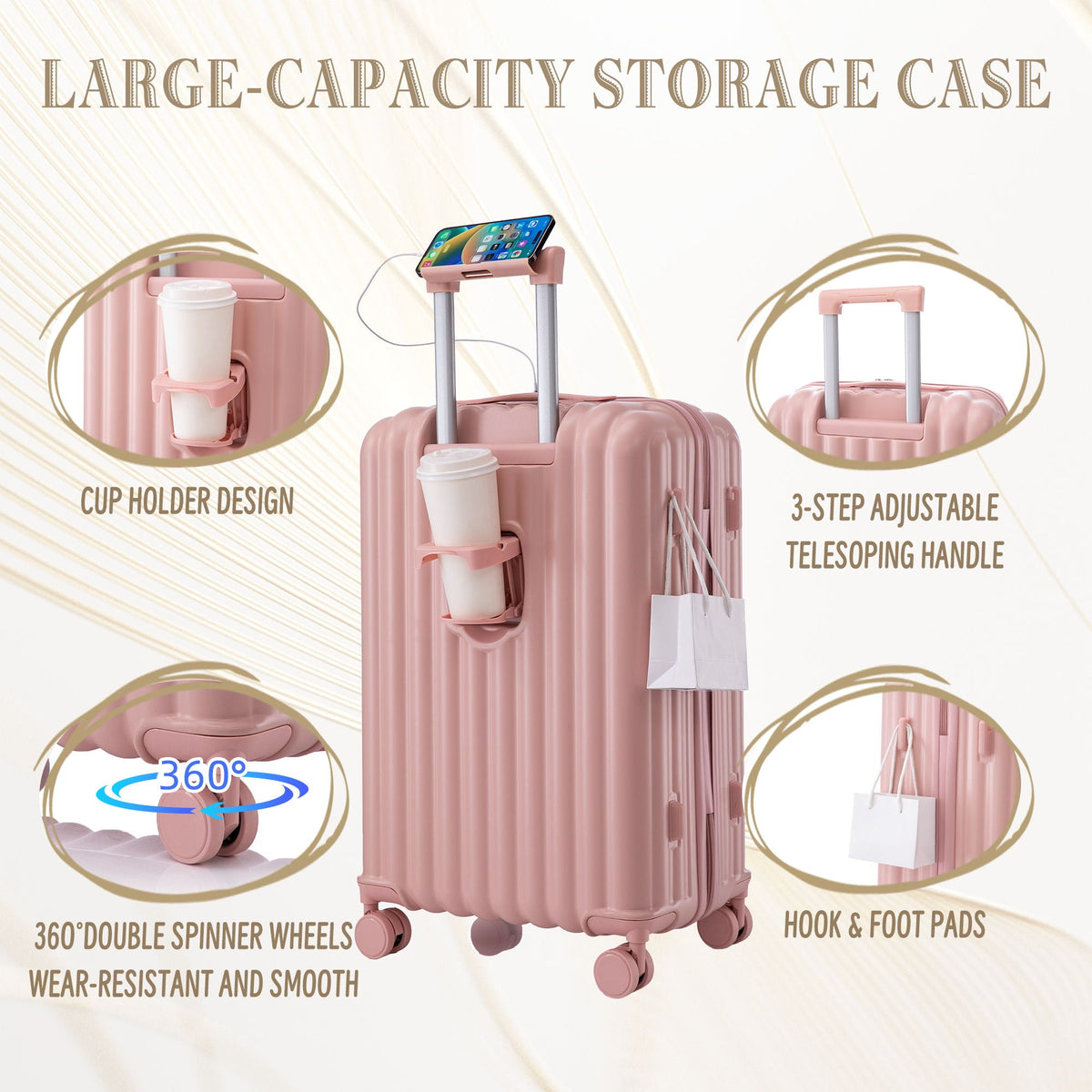Spinner Wheel Luggage Set with USB Port and Holders - Pink, Black, Green