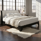 Queen Size Bed Frame with Upholstered Headboard - Black & White Pine