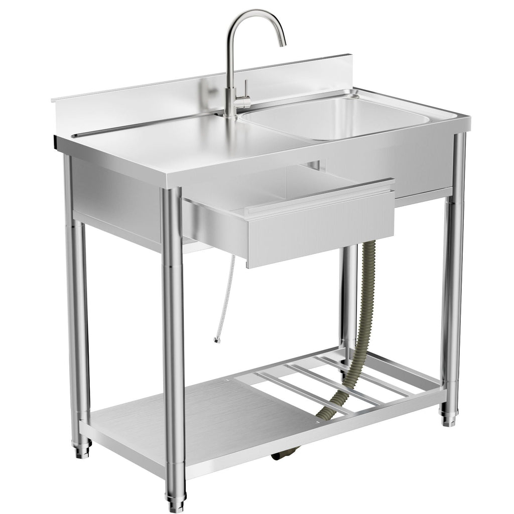Stainless Steel Outdoor Utility Sink with Workbench & 360° Faucet - Silver
