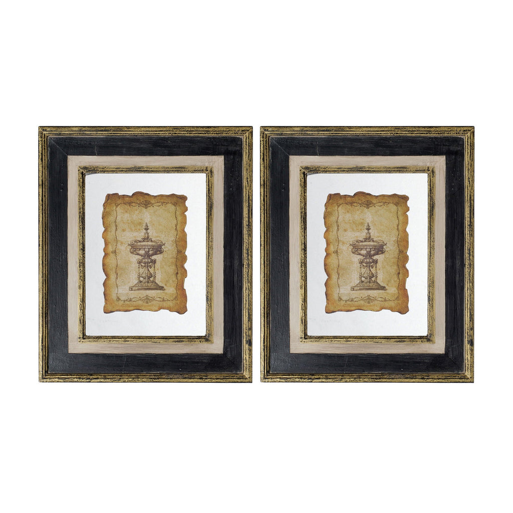 Framed Antiqued Sculpture Print with Wood Frame - Light Brown