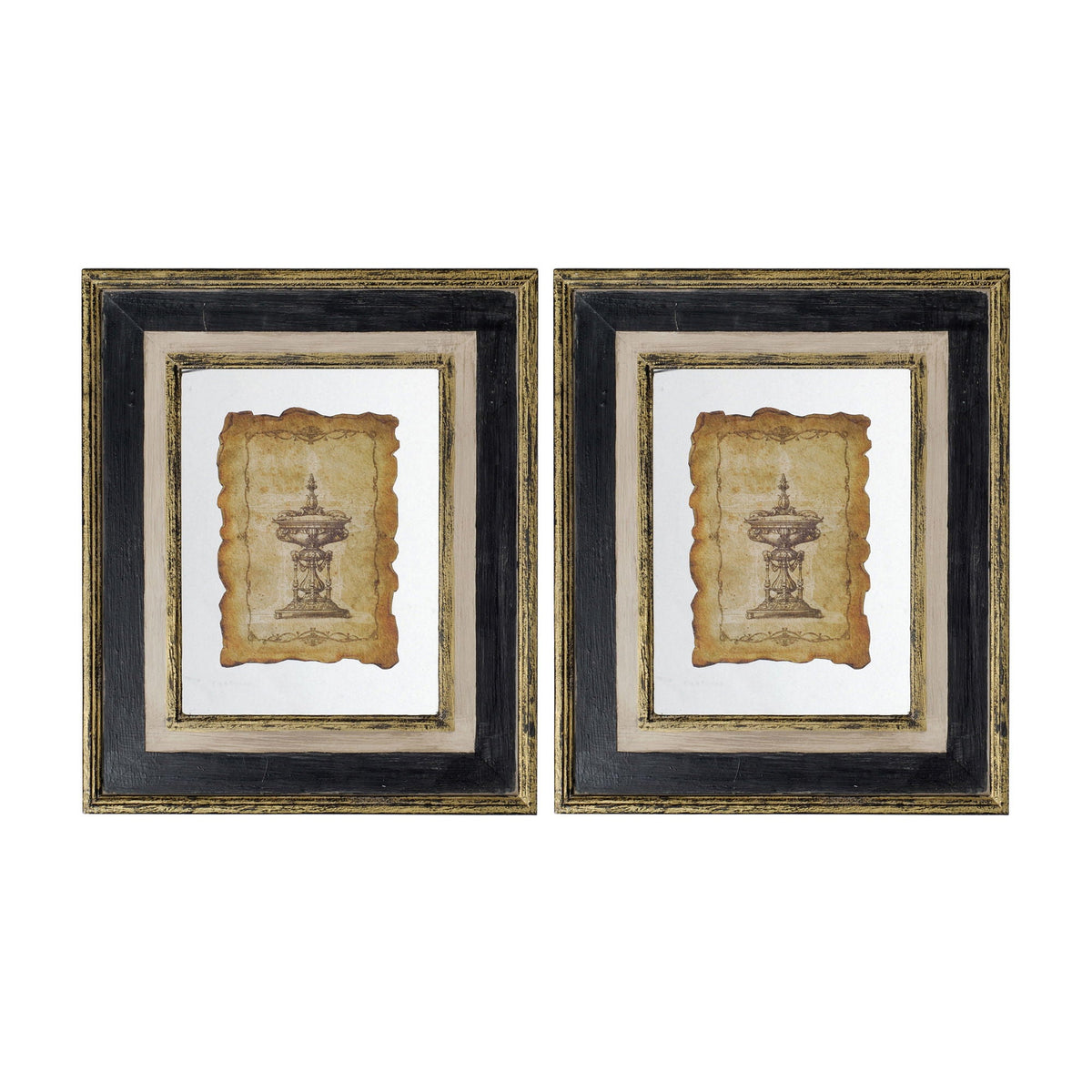 Framed Antiqued Sculpture Print with Wood Frame - Light Brown