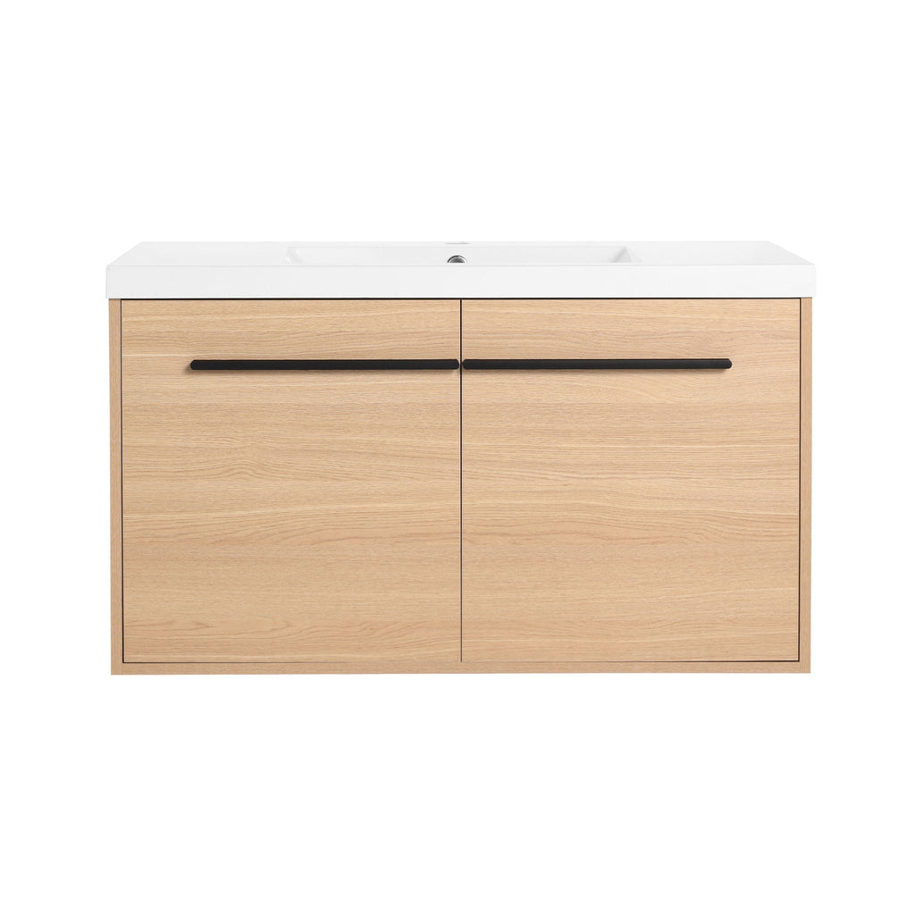 Bathroom Vanity Set with Resin Countertop Sink and 2 Doors - Light Brown Oak