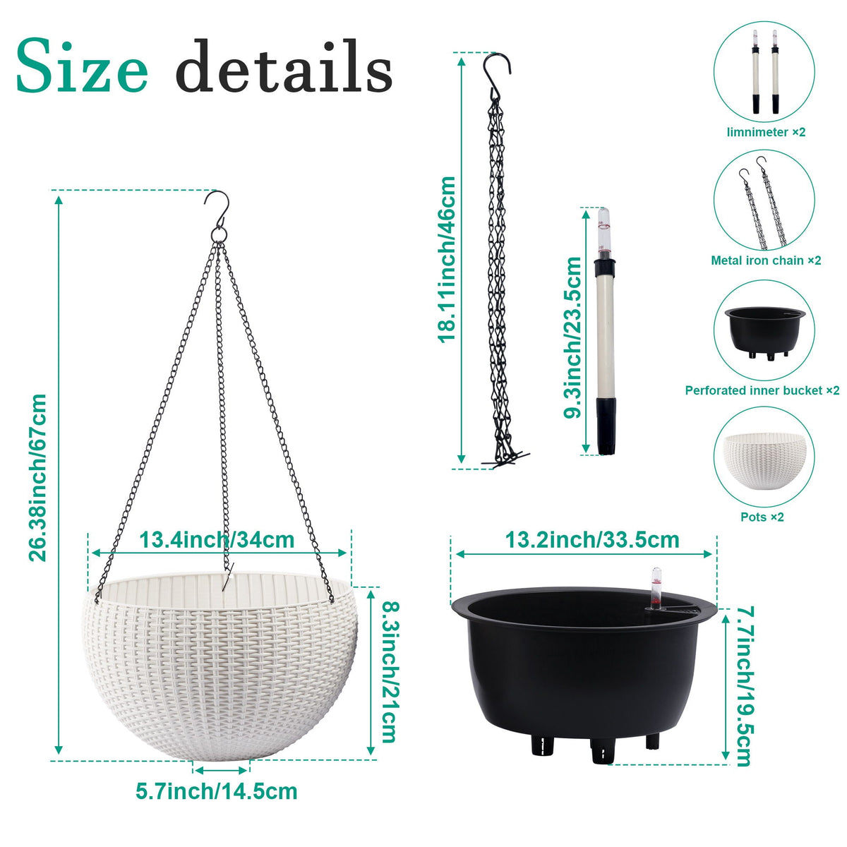 Self Watering Hanging Planter with Water Level Indicator - White, Black, or Dark Brown