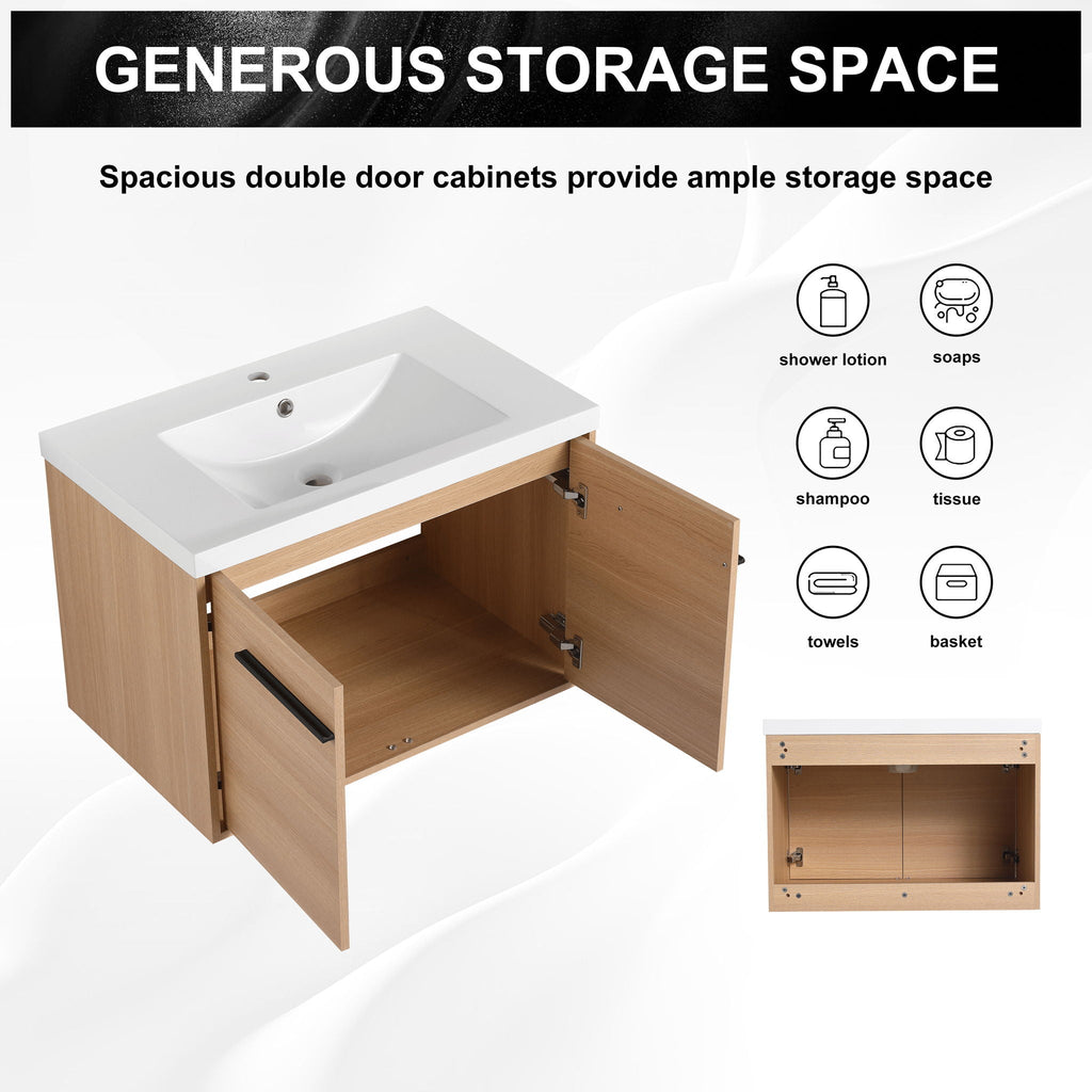 Bathroom Vanity Set with Resin Countertop Sink and 2 Doors - Light Brown Oak