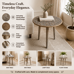 Handcrafted Mango Wood Round Accent Table with Intricate Carving - Gray Antique Wash