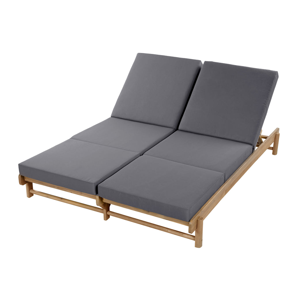 Light Teak Acacia Wood Double Chaise Lounger Set with Dark Grey Cushions - Patio Seating