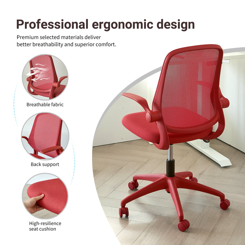 Ergonomic Office Chair with Mesh Back and Flipping Armrests - Red