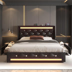 Wingback Upholstered Bed Frame with LED Lights and Charging Station - Black or White