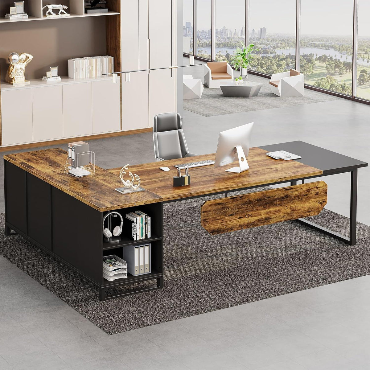 L-Shaped Executive Desk with File Cabinet and Storage - Light Brown or Dark Gray
