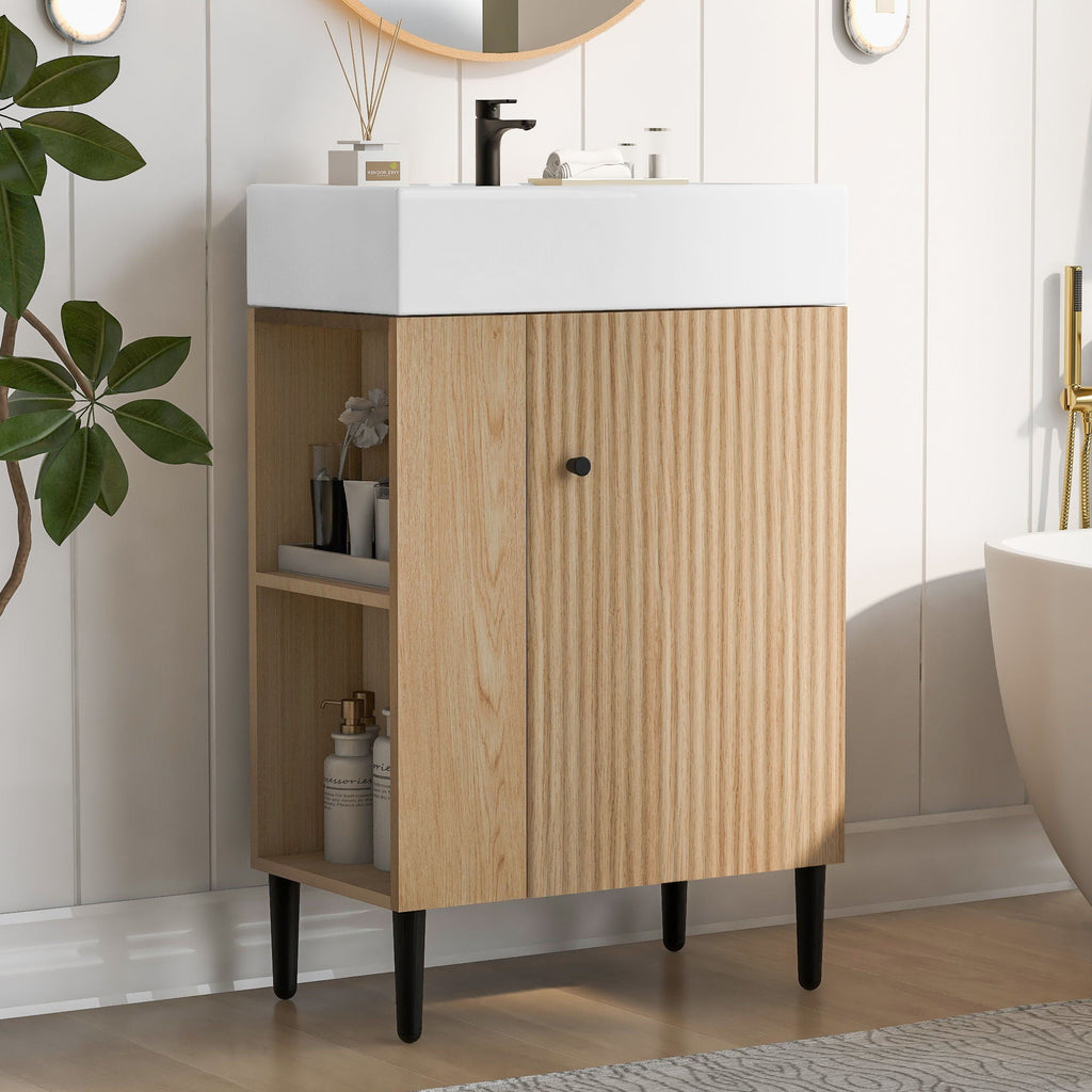 Bathroom Vanity with Single Ceramic Sink and Side Storage - Multiple Colors