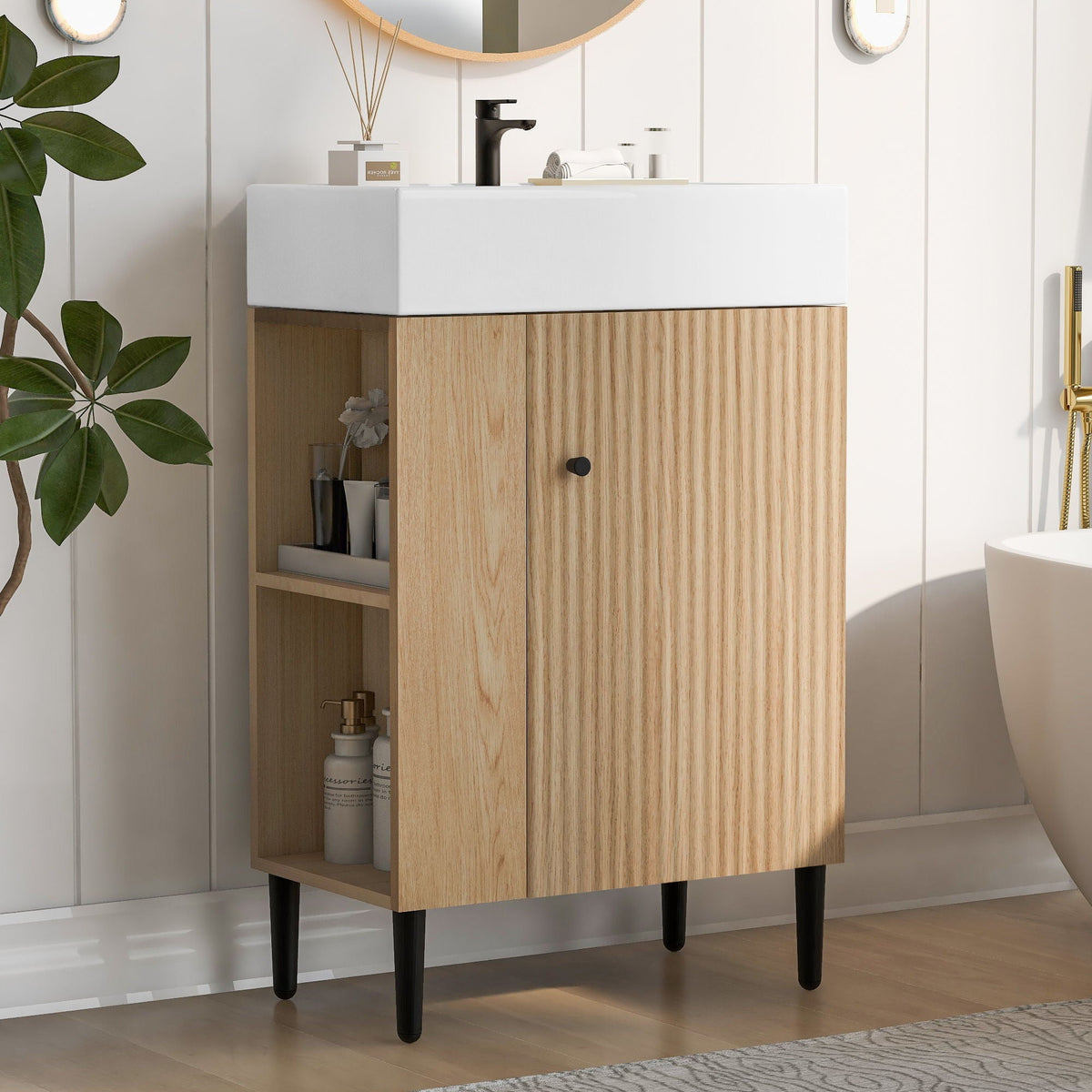 Bathroom Vanity with Single Ceramic Sink and Side Storage - Multiple Colors
