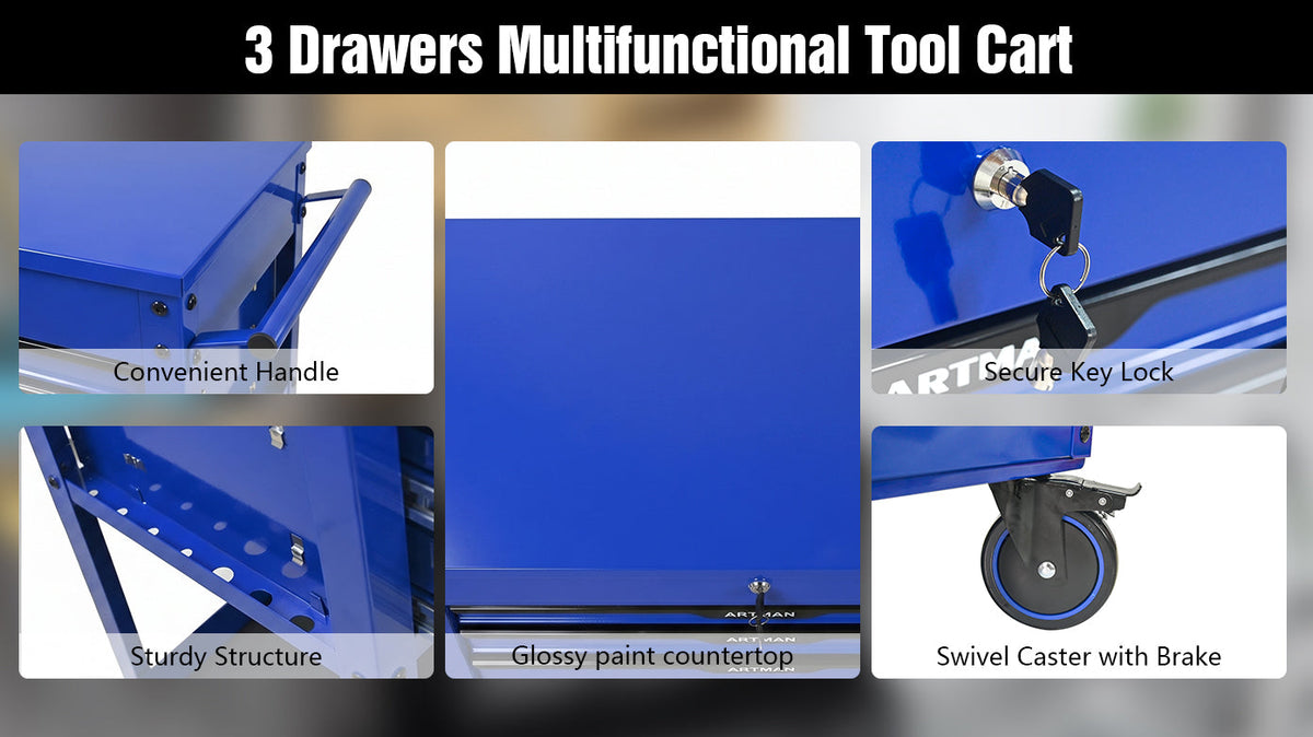 3 Drawers Multifunctional Tool Cart With Wheels - Blue & Black