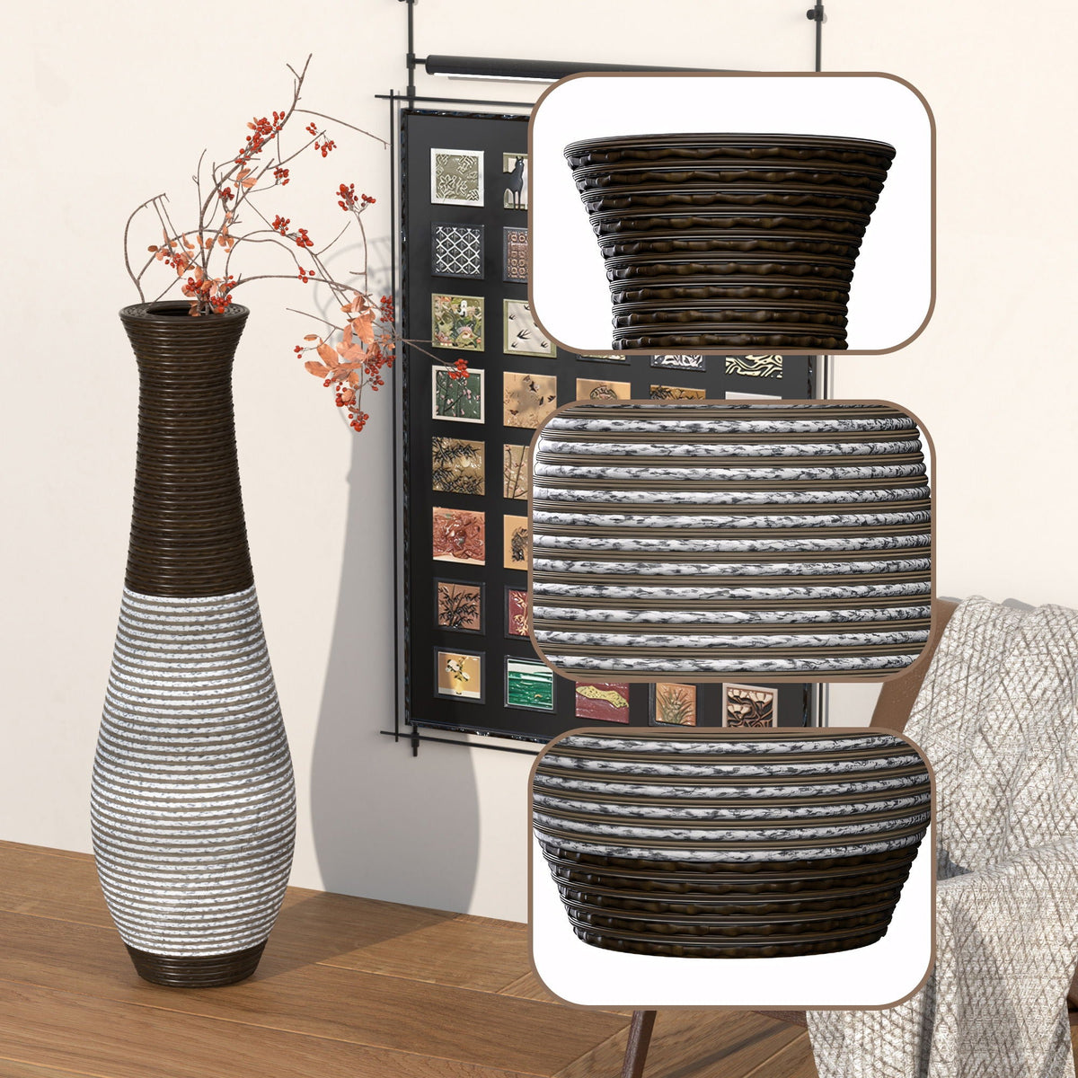 Tall Artificial Rattan Floor Vase with Two-Tone Finish - Black / Gray