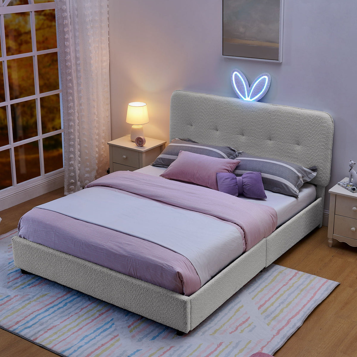 Upholstered Storage Bed with Oversized Rabbit Ear Headboard & LED Lights - Beige or Light Blue
