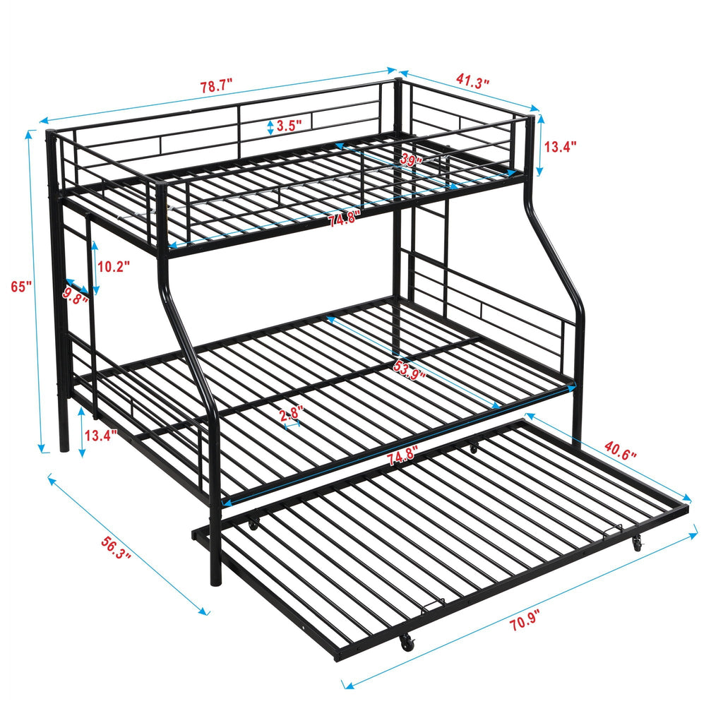 Twin Over Full Modern Metal Bunk Bed with Trundle - Black