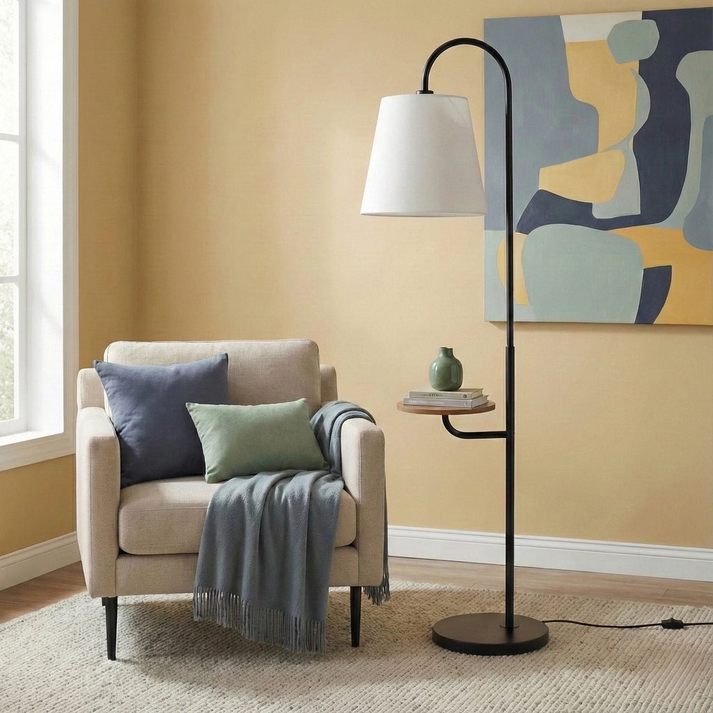 Seoul Floor Lamp With Rotary Switch Wood Table Base - Black / White