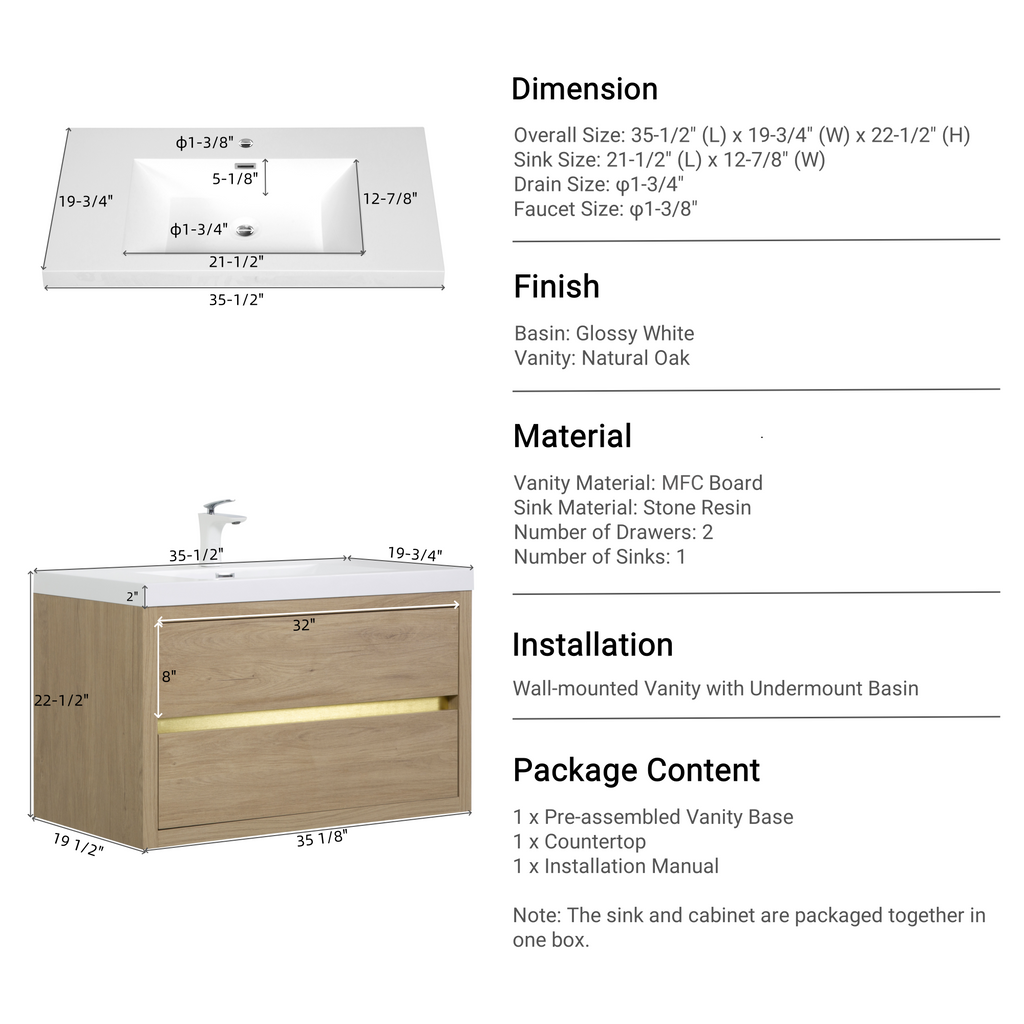 36" Wall-Mounted Bathroom Vanity with Stone Resin Sink - Modern Wood Finish