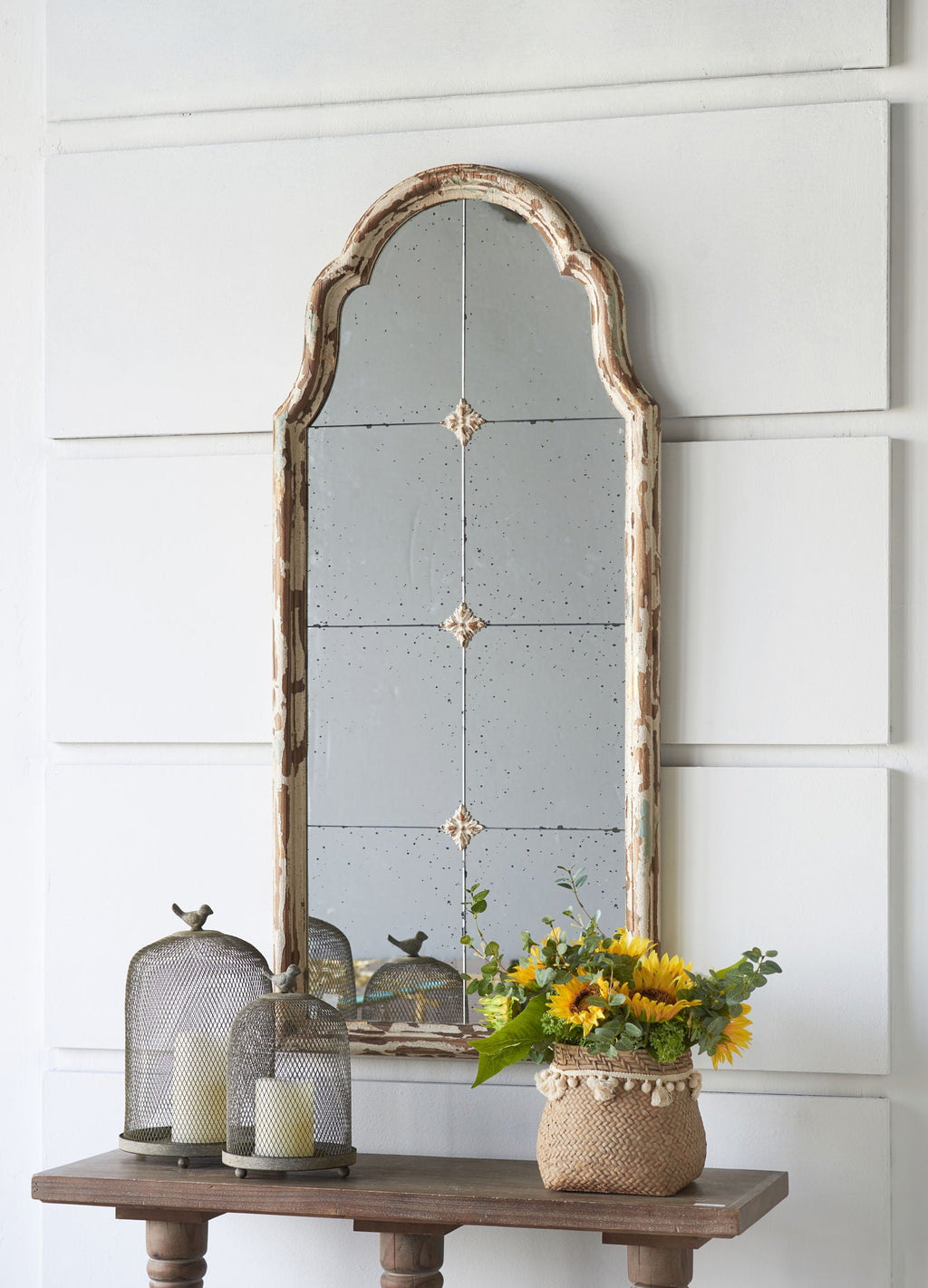 Large & Framed Arched Wall Mirror with Decorative Window Design - Cream