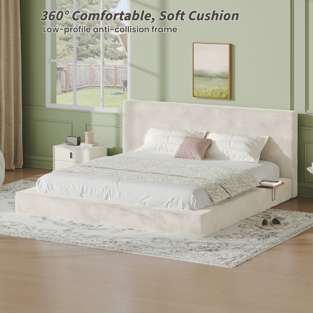 Off-White King Bed Frame with Adjustable Sliding Side Table and Cloud Cushion