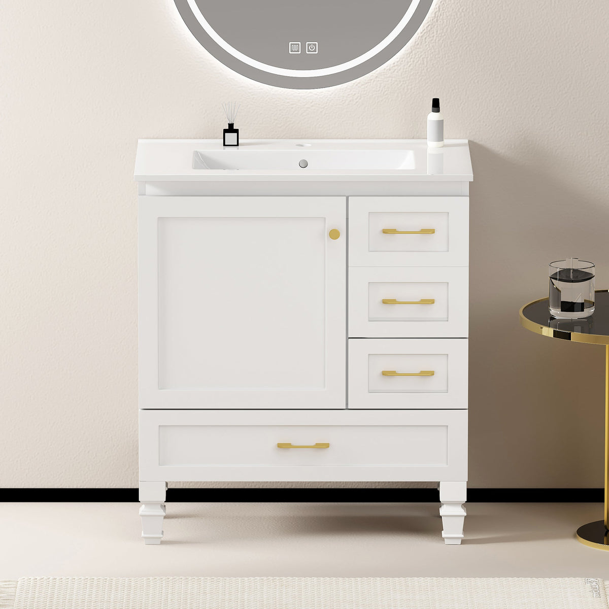 30" White Bathroom Vanity with Soft Close Doors and Ample Storage - White