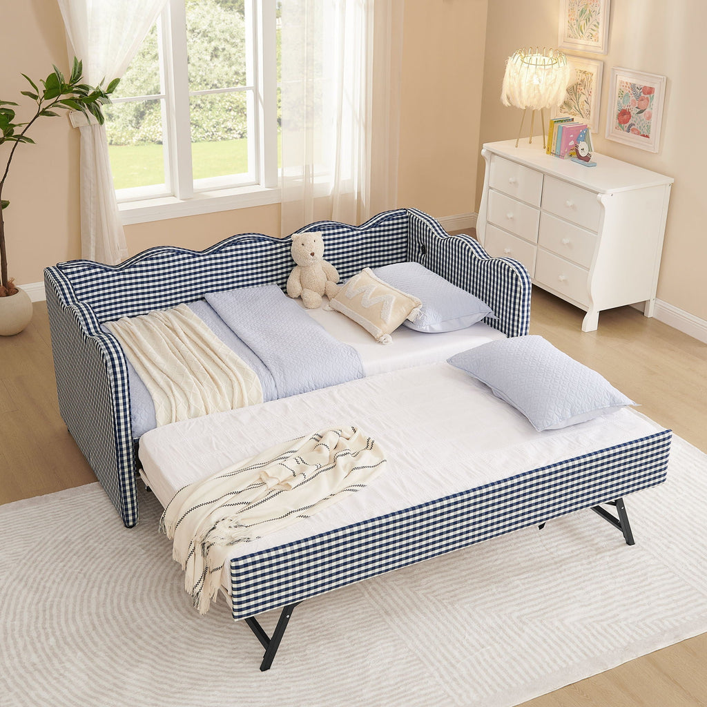 Gingham Daybed with USB Charging Port and Wave-Shaped Design - Multiple Colors