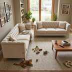Modern Velvet Upholstered Sofa Set with Tufted Backrest - Cream White