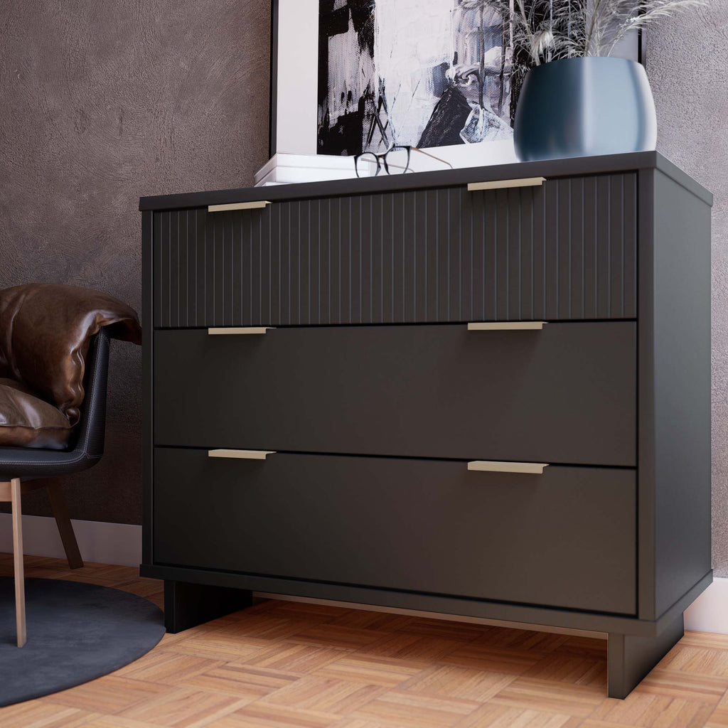 Solid Wood 3 Drawer Dresser with Ribbed Fronts - Multiple Colors